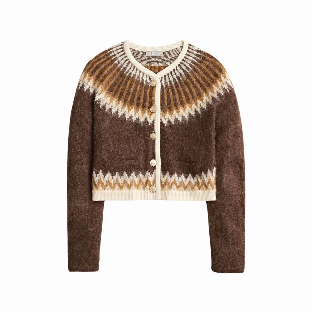 J.CREW Cardigan Brown Brushed Yarn Fair Isle Alpaca Wool Sweater Fuzzy Large